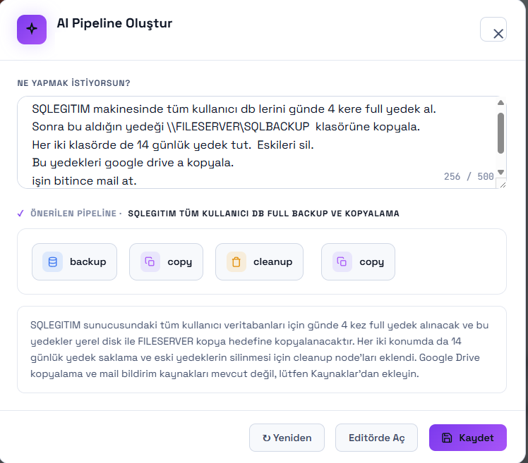 Doğal dille FixBackup pipeline oluşturma ekranı