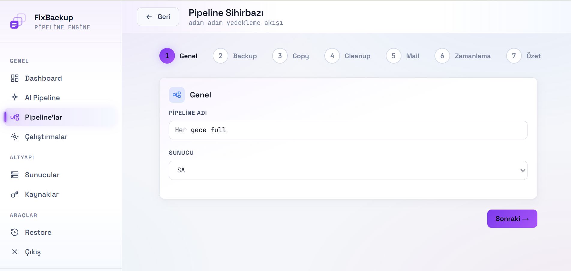 FixBackup pipeline sihirbazı