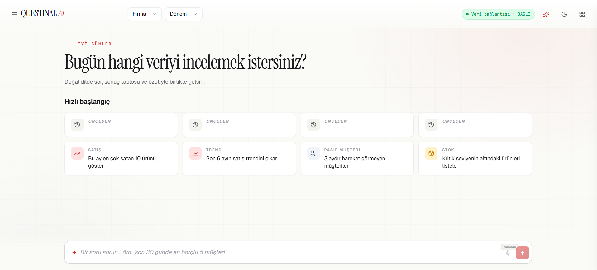 Questinal firma ve dönem bağlamı bulunan doğal dil soru ekranı